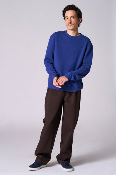 Pull-over bleu avec col rond de Le Fabuleux Marcel de Bruxelles, associé à un pantalon marron et des baskets bleues.
