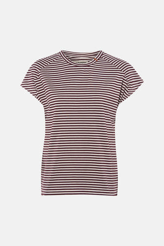 Multicolor gestreepte korte mouwen T-shirt van Le Fabuleux Marcel de Bruxelles, bordeaux en crèmekleurige horizontale strepen, ronde hals, front view