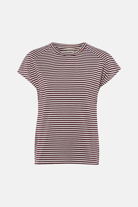 Multicolor gestreepte korte mouwen T-shirt van Le Fabuleux Marcel de Bruxelles, bordeaux en crèmekleurige horizontale strepen, ronde hals, front view