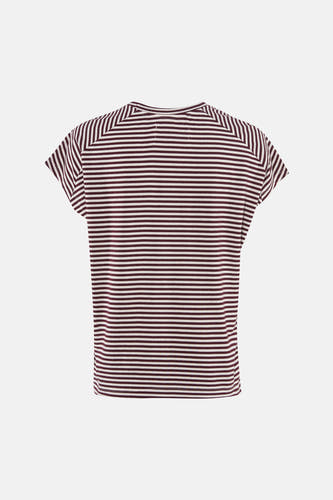 Multicolor gestreepte korte mouwen T-shirt van Le Fabuleux Marcel de Bruxelles, bordeaux en crèmekleurige horizontale strepen, achterkant weergegeven