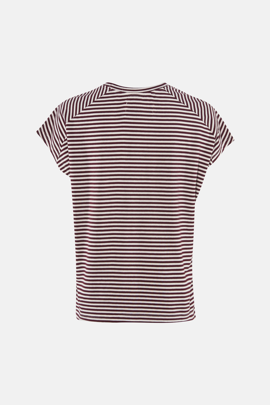 Multicolor gestreepte korte mouwen T-shirt van Le Fabuleux Marcel de Bruxelles, bordeaux en crèmekleurige horizontale strepen, achterkant weergegeven