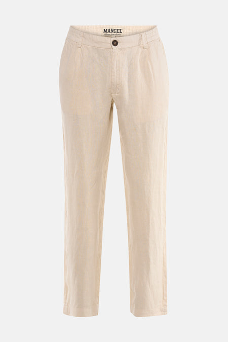 Pantalon de costume écru de Le Fabuleux Marcel de Bruxelles, avec une texture lisse et un bouton unique.