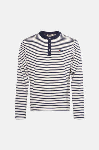 T-shirt bleu rayé à manches longues de Le Fabuleux Marcel de Bruxelles, avec fermeture à boutons et logo.