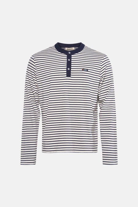 T-shirt bleu rayé à manches longues de Le Fabuleux Marcel de Bruxelles, avec fermeture à boutons et logo.