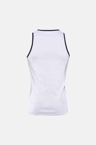 Witte tanktop van Le Fabuleux Marcel de Bruxelles met geribbelde textuur en donkerblauwe biezen, achteraanzicht.