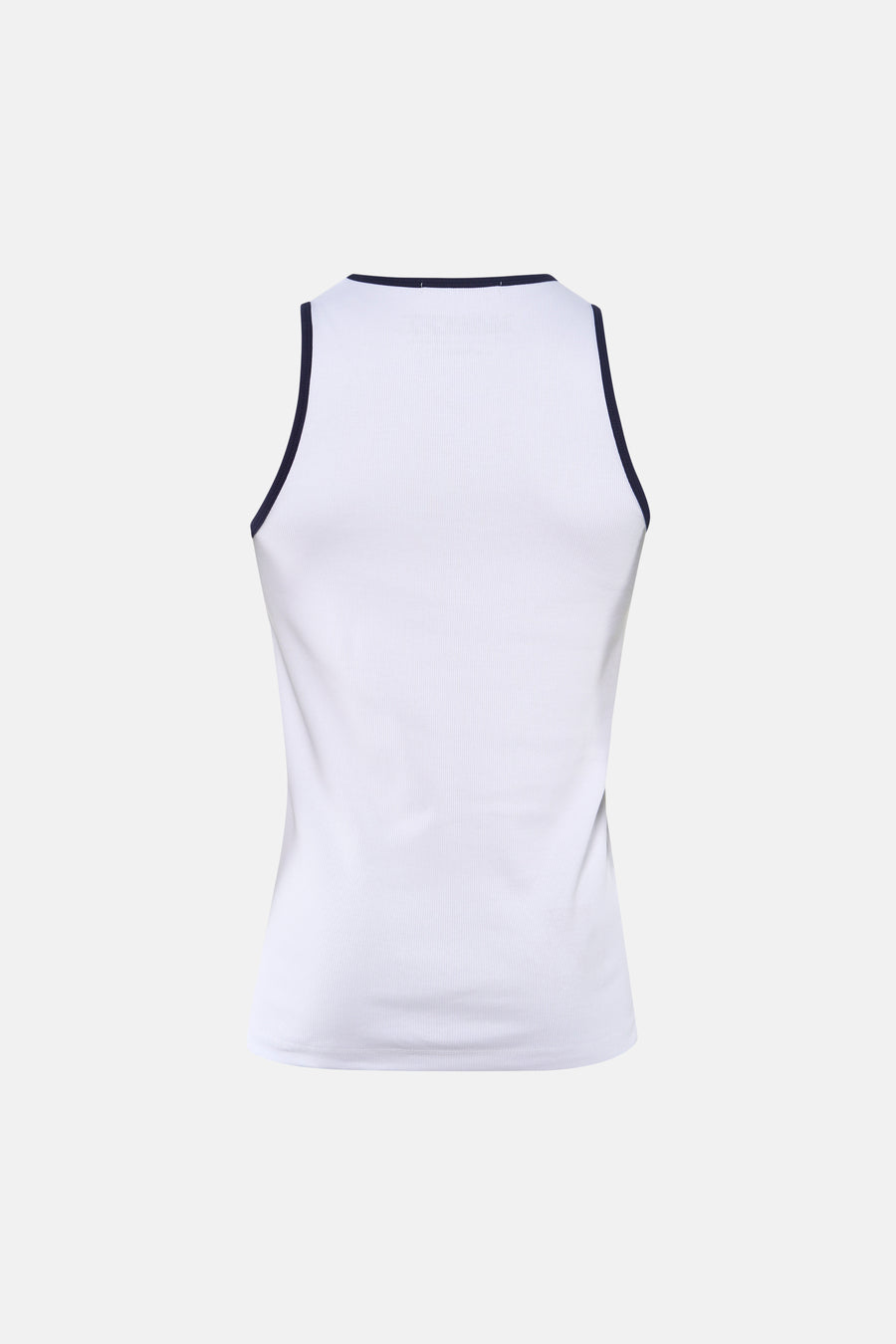 Witte tanktop van Le Fabuleux Marcel de Bruxelles met geribbelde textuur en donkerblauwe biezen, achteraanzicht.