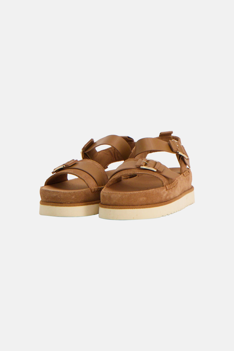 Bruine sandalen van Le Fabuleux Marcel de Bruxelles, met verstelbare bandjes en een grove, witte zool.