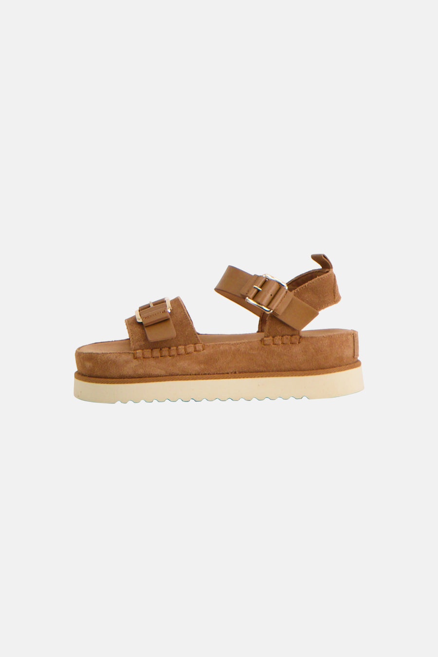 Bruine sandalen van Le Fabuleux Marcel de Bruxelles, met dubbele band en gespen, op een witte plateauzool.