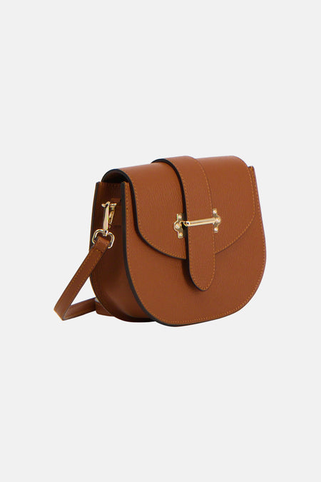 Bruine handtas van Le Fabuleux Marcel de Bruxelles, met goudkleurige details en een gestructureerde textuur.