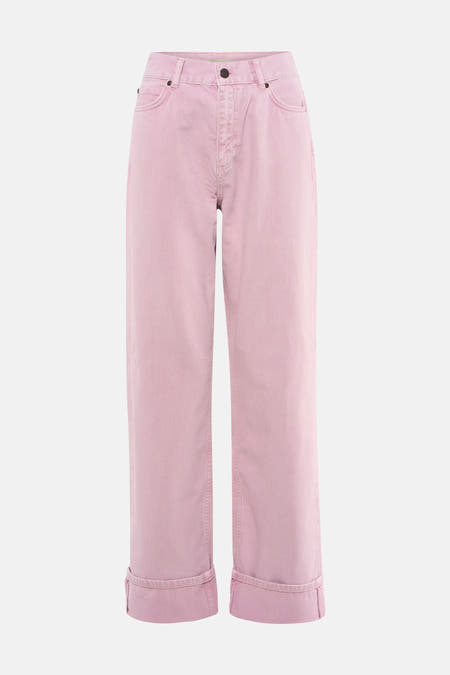 Pantalon rose de Le Fabuleux Marcel de Bruxelles avec jambes larges, ourlets retroussés et poches sur le devant.