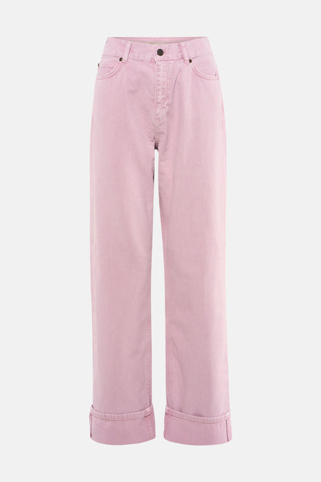 Roze colorbroek van Le Fabuleux Marcel de Bruxelles met wijde pijpen, omgeslagen zomen en zakken aan de voorkant.