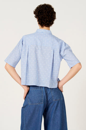 Blauw gestreept overhemd met korte mouwen van Le Fabuleux Marcel de Bruxelles, gezien van achteren, met een klein stippenpatroon.