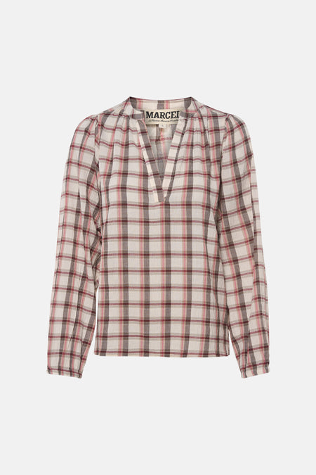 Multicolor blouse met lange mouwen van Le Fabuleux Marcel de Bruxelles met ruitjespatroon in beige, roze en bordeauxrood en een V-hals.
