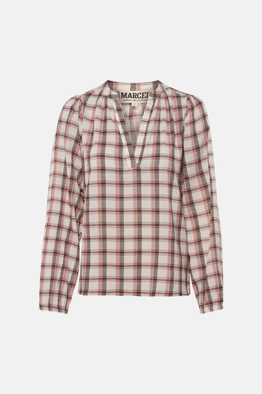 Multicolor blouse met lange mouwen van Le Fabuleux Marcel de Bruxelles met ruitjespatroon in beige, roze en bordeauxrood en een V-hals.