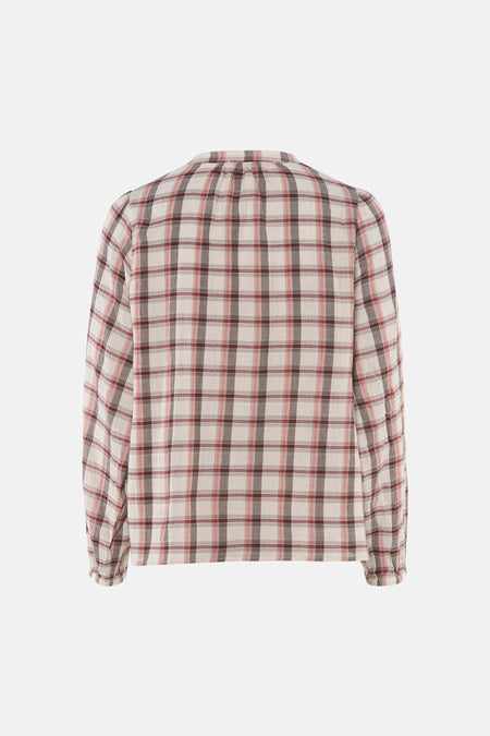 Multicolor geruite blouse met lange mouwen van Le Fabuleux Marcel de Bruxelles, van achteren gezien met geplooide hals en manchetten.