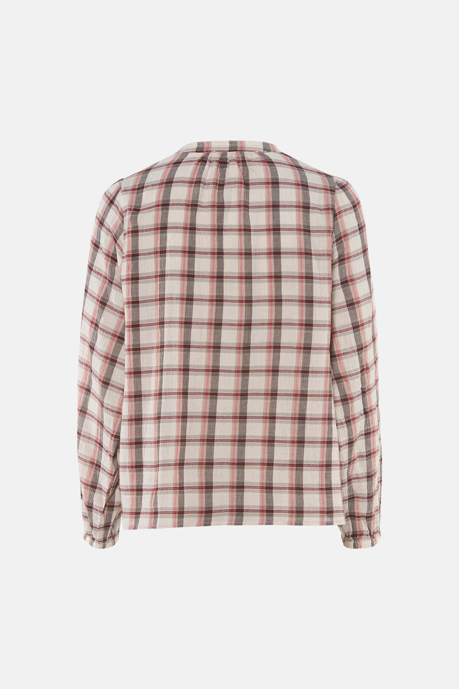 Multicolor geruite blouse met lange mouwen van Le Fabuleux Marcel de Bruxelles, van achteren gezien met geplooide hals en manchetten.
