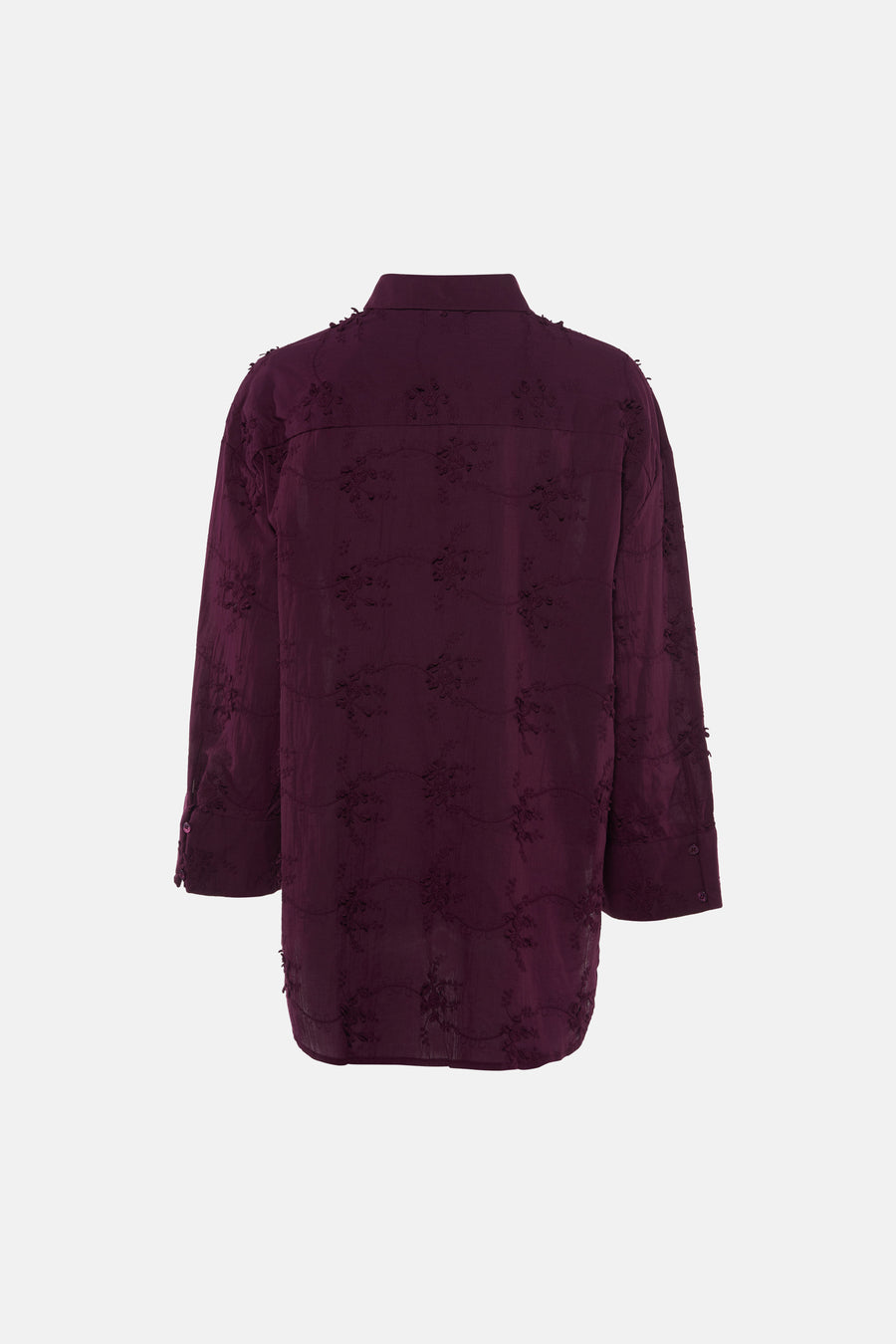 Chemise violette à manches longues de Le Fabuleux Marcel de Bruxelles, avec fleurs brodées et détails légèrement effilochés, vue arrière.