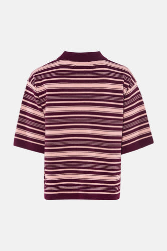 Roze en bordeaux gestreept poloshirt van Le Fabuleux Marcel de Bruxelles, met korte mouwen en gebreide textuur, in rugaanzicht.