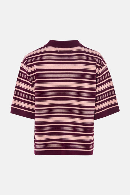 Polo rayée rose et bordeaux de Le Fabuleux Marcel de Bruxelles, à manches courtes et à texture tricotée, vue de dos.