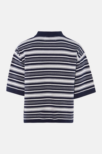 Marineblauw-wit gestreepte polo van Le Fabuleux Marcel de Bruxelles met korte mouwen en een hoge hals, achterkant zichtbaar.