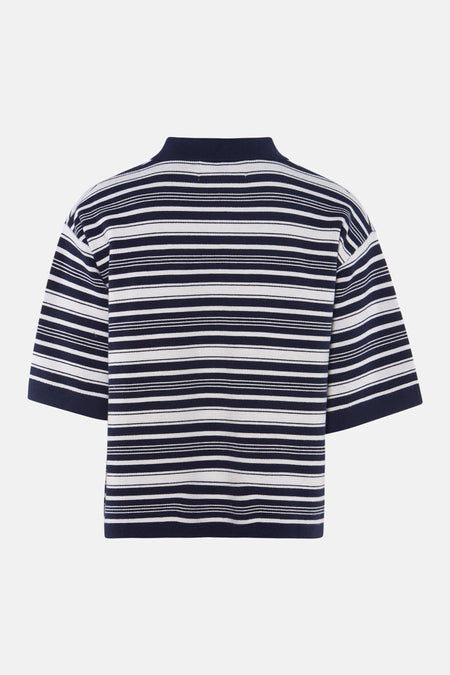 Polo rayée bleu marine et blanc de Le Fabuleux Marcel de Bruxelles à manches courtes et col montant, dos visible.