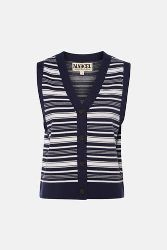 Gestreepte gilet in marineblauw en wit van Le Fabuleux Marcel de Bruxelles, met V-hals en knoopsluiting.