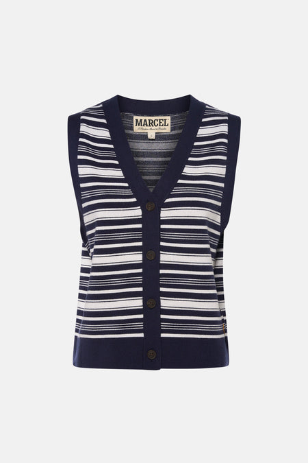 Gilet rayé bleu marine et blanc de Le Fabuleux Marcel de Bruxelles, avec col en V et fermeture à boutons.