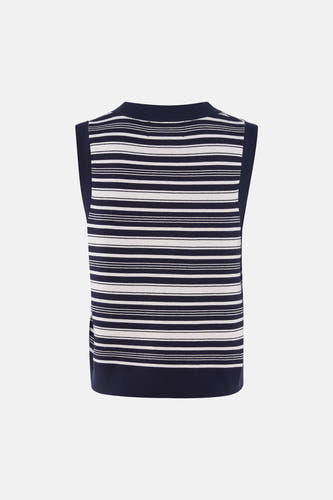 Donkerblauw en wit gestreept gilet van Le Fabuleux Marcel de Bruxelles, met variërende streepbreedtes, achterkant.