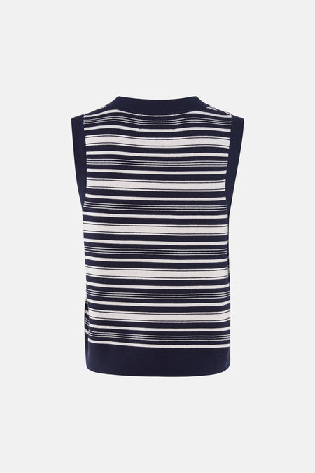 Gilet rayé bleu marine et blanc de Le Fabuleux Marcel de Bruxelles, avec des largeurs de rayures variables, dos.
