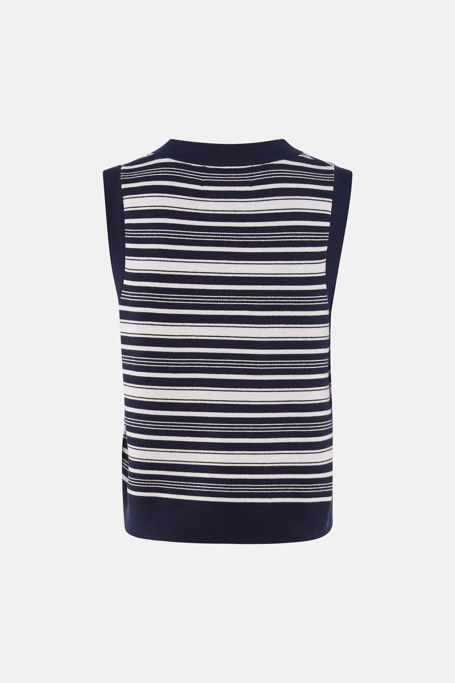 Donkerblauw en wit gestreept gilet van Le Fabuleux Marcel de Bruxelles, met variërende streepbreedtes, achterkant.