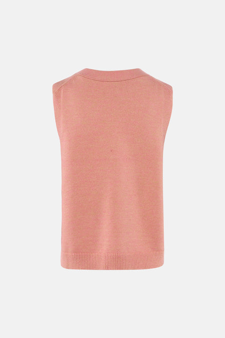 Gilet en maille rose de Le Fabuleux Marcel de Bruxelles, uni et vue arrière avec col et ourlet côtelés.