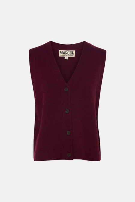 Gilet sans manches violet de Le Fabuleux Marcel de Bruxelles avec col en V et fermeture à boutons sur le devant.