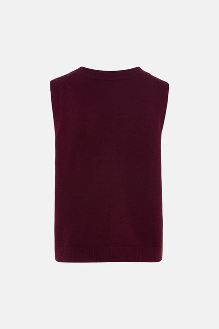 Gilet en tricot violet foncé de Le Fabuleux Marcel de Bruxelles, sans manches avec col rond, dos.