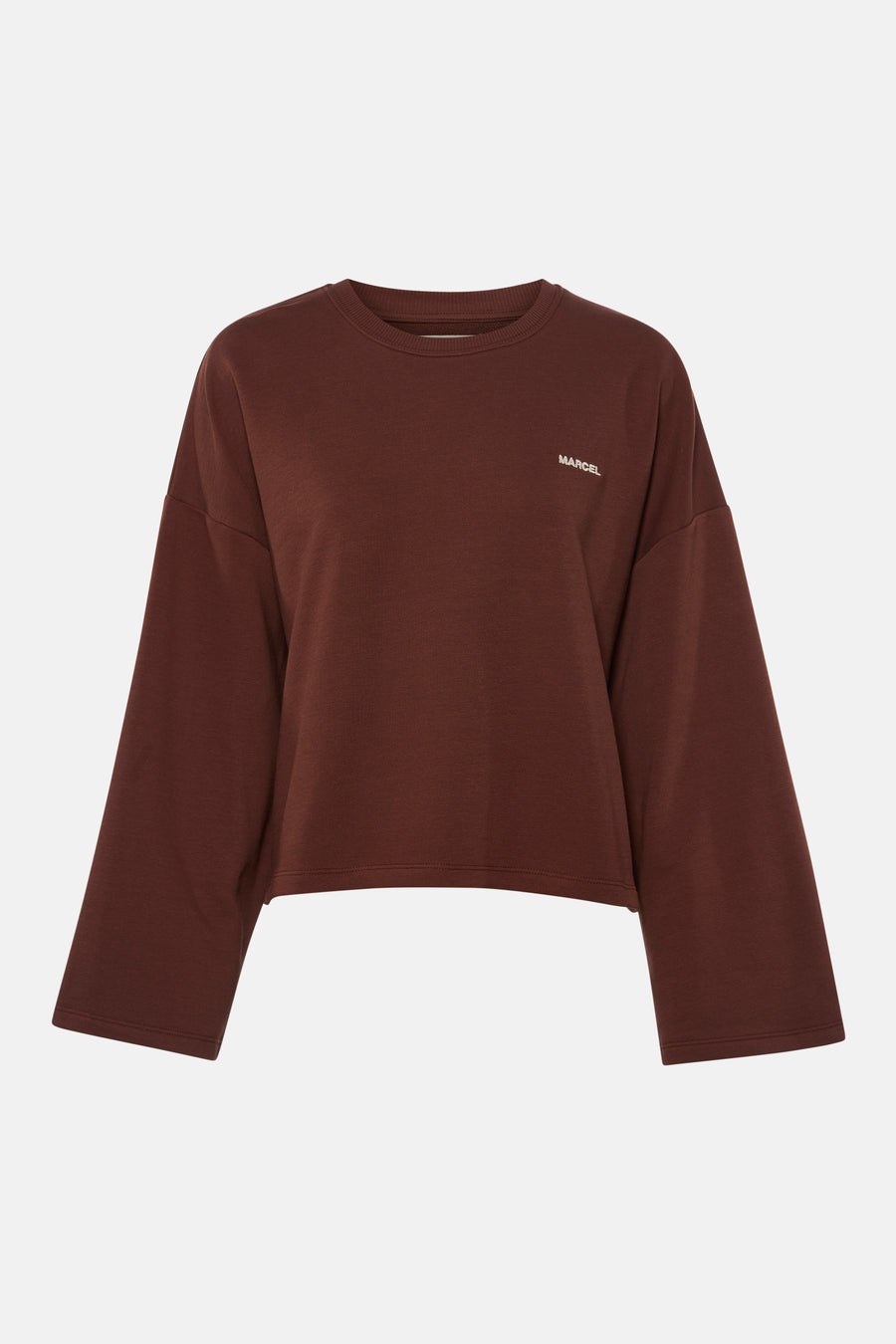 Pull marron à col rond de Le Fabuleux Marcel de Bruxelles, avec 'MARCEL' subtilement sur la poitrine et manches larges.