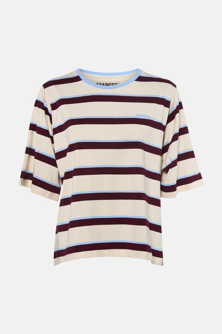 Multicolor gestreepte 3/4-mouw T-shirt van Le Fabuleux Marcel de Bruxelles, crèmekleurig met bordeaux en lichtblauwe strepen, ronde hals met blauwe bies, klein logo op borst, front view