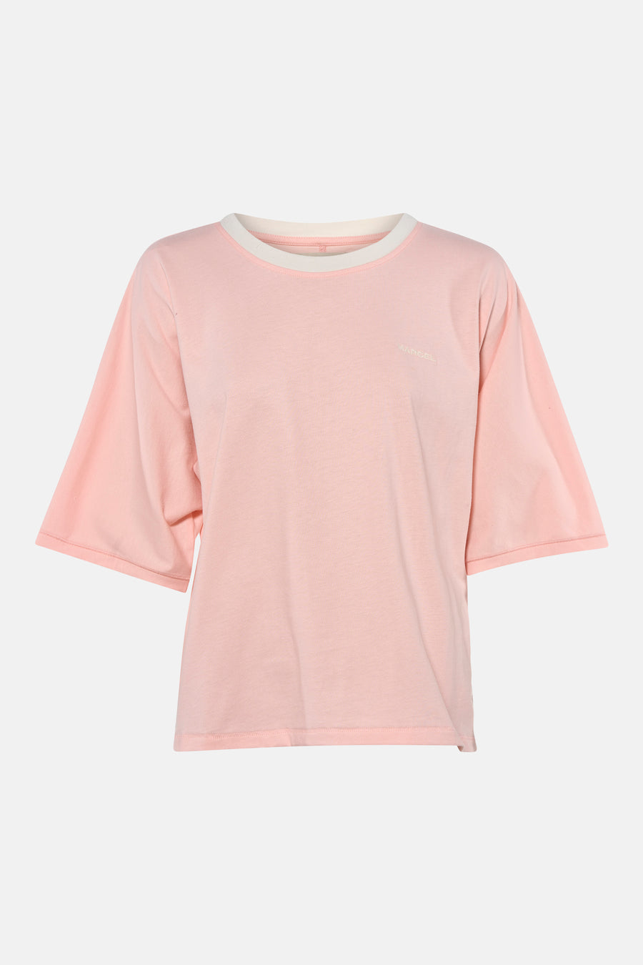 Roze korte mouwen t-shirt van Le Fabuleux Marcel de Bruxelles met witte kraag en subtiel logo op borst, front view