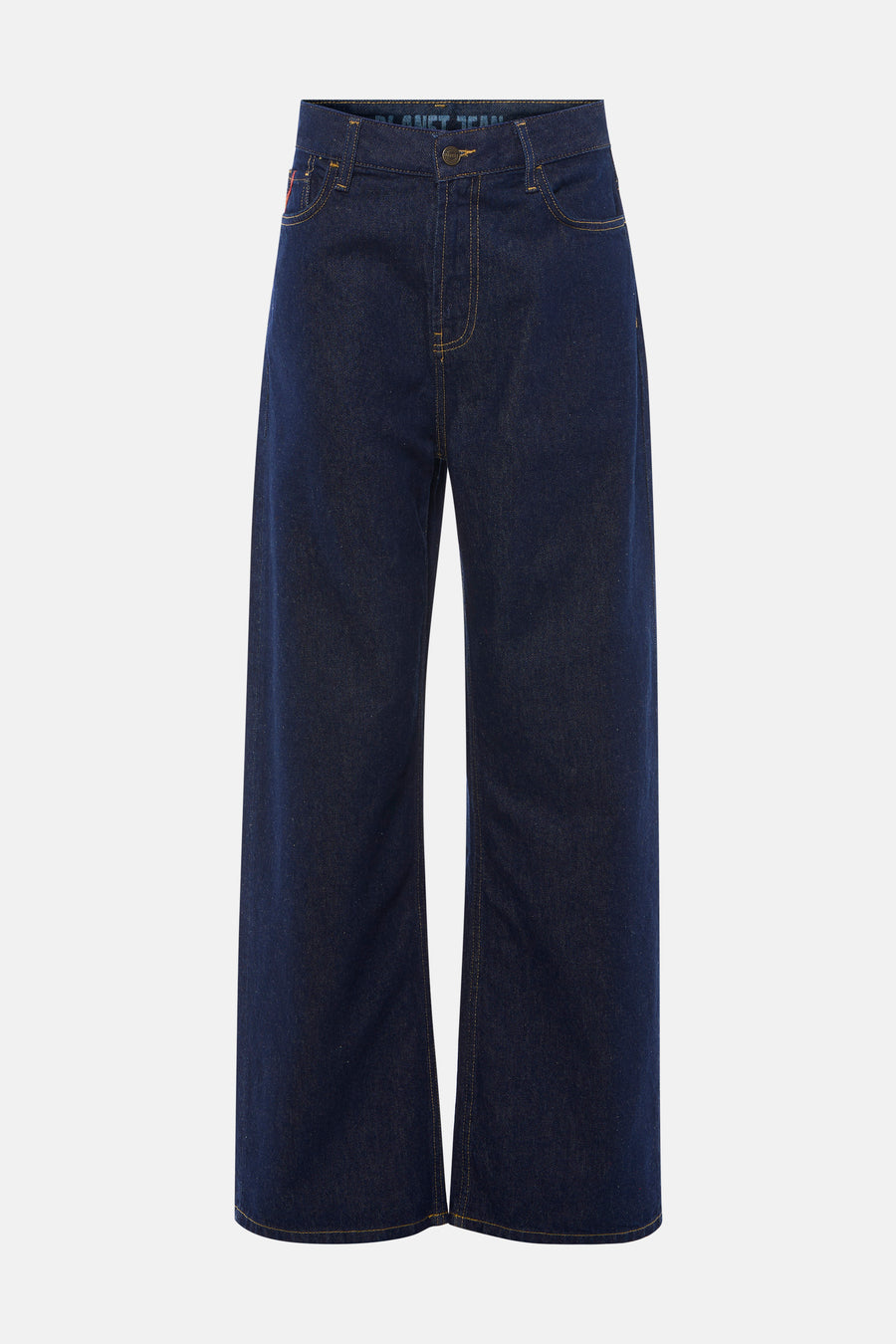 Donkerblauwe wijde jeans van Le Fabuleux Marcel de Bruxelles, met gele stiksels en een rechte pijp.
