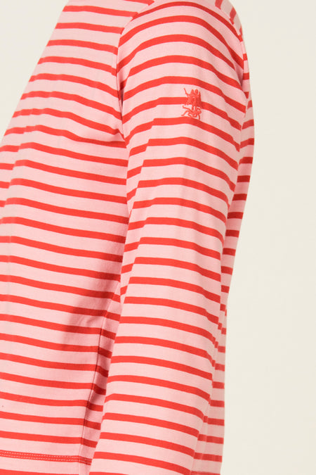 Rood gestreept T-shirt met lange mouwen van Le Fabuleux Marcel de Bruxelles, met klein logo op de mouw in dezelfde kleur.