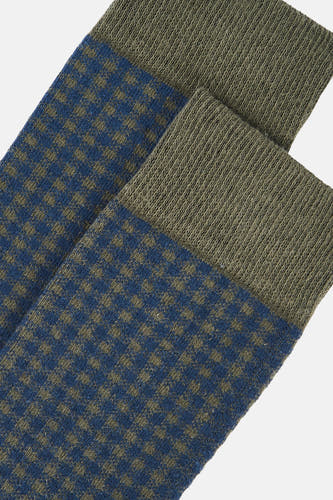 Groene sokken met blauw-groen ruitpatroon van Le Fabuleux Marcel de Bruxelles, ribboord, close-up weergave