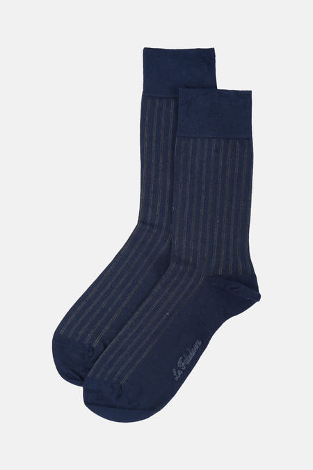 Donkerblauwe sokken met fijne strepen van Le Fabuleux Marcel de Bruxelles, comfortabele pasvorm, zachte stof, opgevouwen weergave