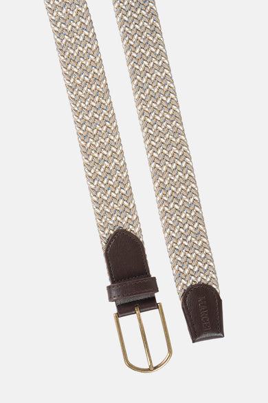 Ceinture beige de Le Fabuleux Marcel de Bruxelles avec motif tressé et détails en cuir marron.
