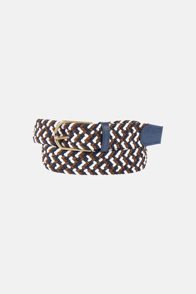 Ceinture multicolore de Le Fabuleux Marcel de Bruxelles dans une boîte en carton avec une bande bleue.