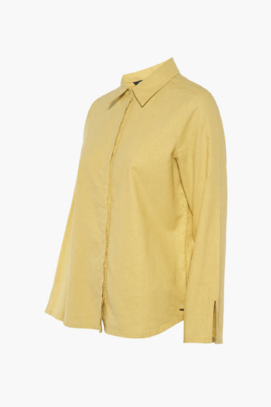 Jaune, chemise de lin à manches longues de MEXX, avec collet et fermeture à boutons.