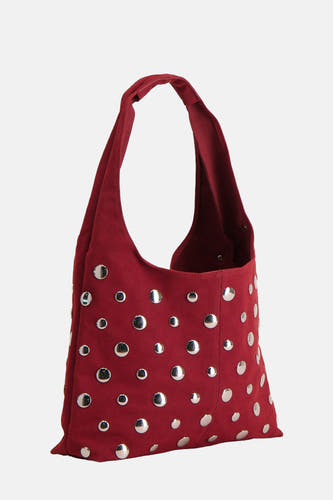 Rode schoudertas van My Jewellery Bags, versierd met zilverkleurige studs.