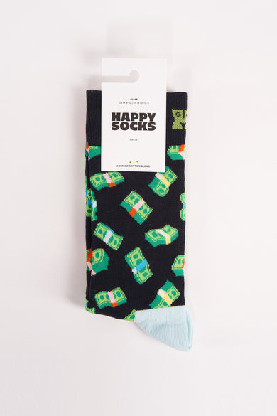 Multikleurige sokken van Happy Socks met stapels geld patroon en een blauwe teen.
