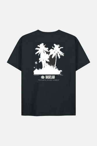 Zwart korte mouwen T-shirt van BASELAB met witte palmbomen print op de rug, minimalistisch design, achterkant weergave