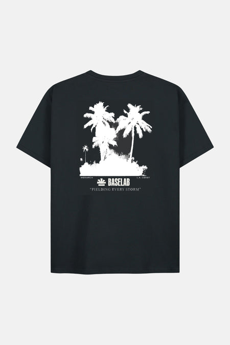 Zwart korte mouwen T-shirt van BASELAB met witte palmbomen print op de rug, minimalistisch design, achterkant weergave