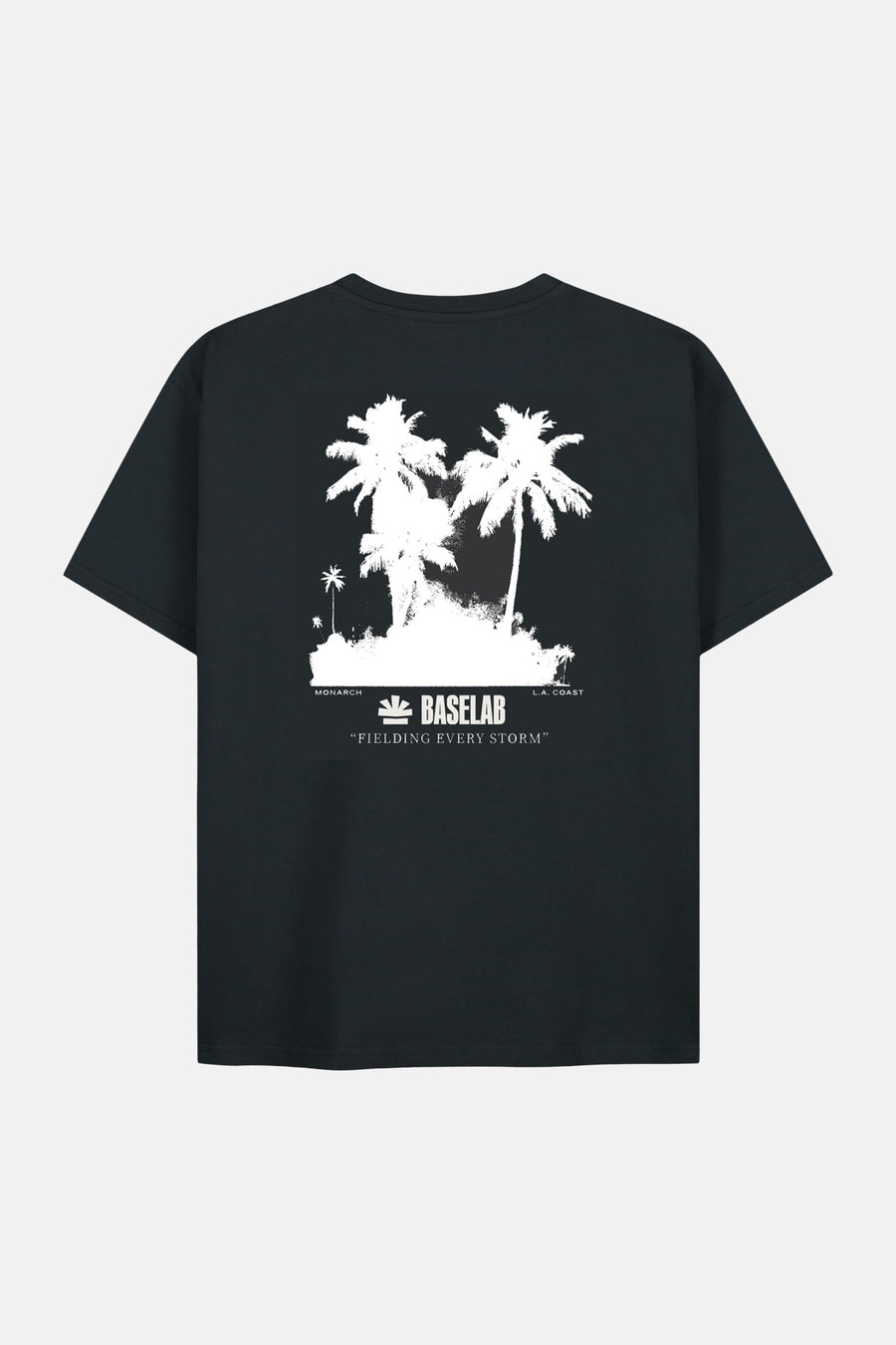 Zwart korte mouwen T-shirt van BASELAB met witte palmbomen print op de rug, minimalistisch design, achterkant weergave