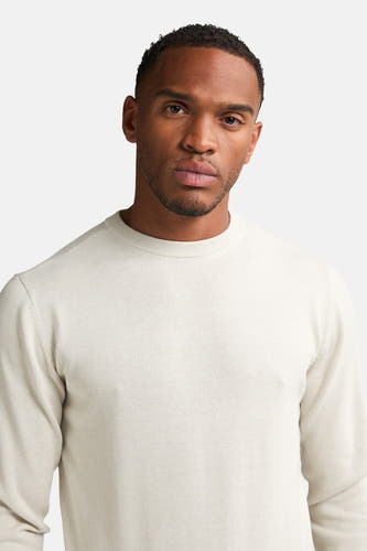 Pull écru avec col rond de Petrol Industries®, gros plan sur un modèle masculin.