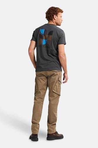 Ecru cargobroek van Petrol Industries, gedragen met een grijs T-shirt met grafische print op de rug en donkerbruine schoenen.